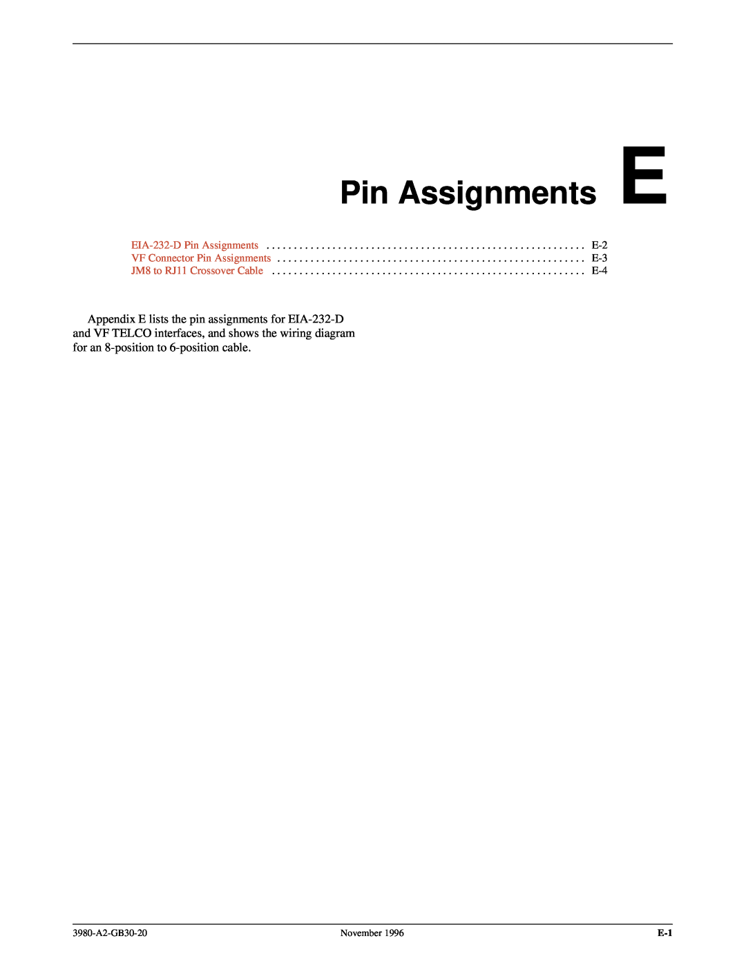 Paradyne 3800PLUS Pin Assignments E, EIA-232-D Pin Assignments, VF Connector Pin Assignments, JM8 to RJ11 Crossover Cable 