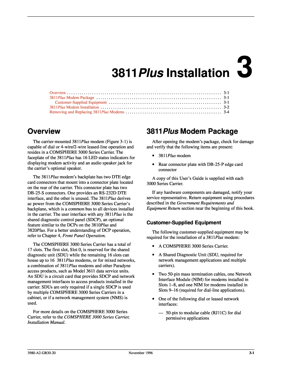 Paradyne 3800PLUS manual 3811Plus Installation, 3811Plus Modem Package, Overview, Customer-Supplied Equipment 