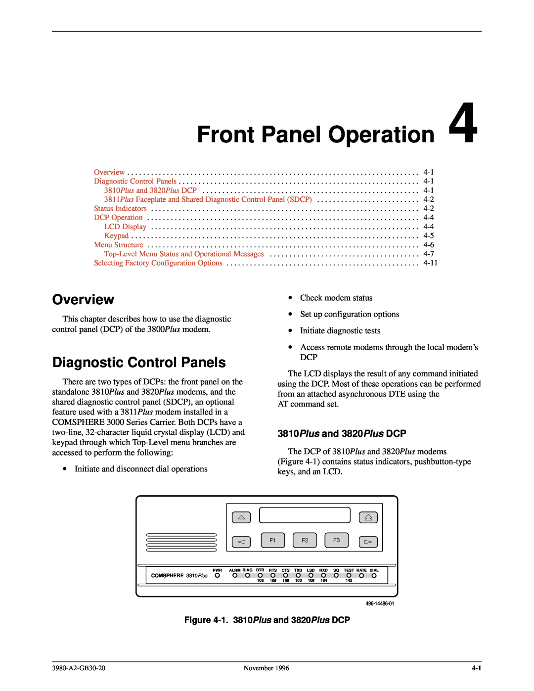 Paradyne 3800PLUS manual Front Panel Operation, Diagnostic Control Panels, 3810Plus and 3820Plus DCP, Overview 