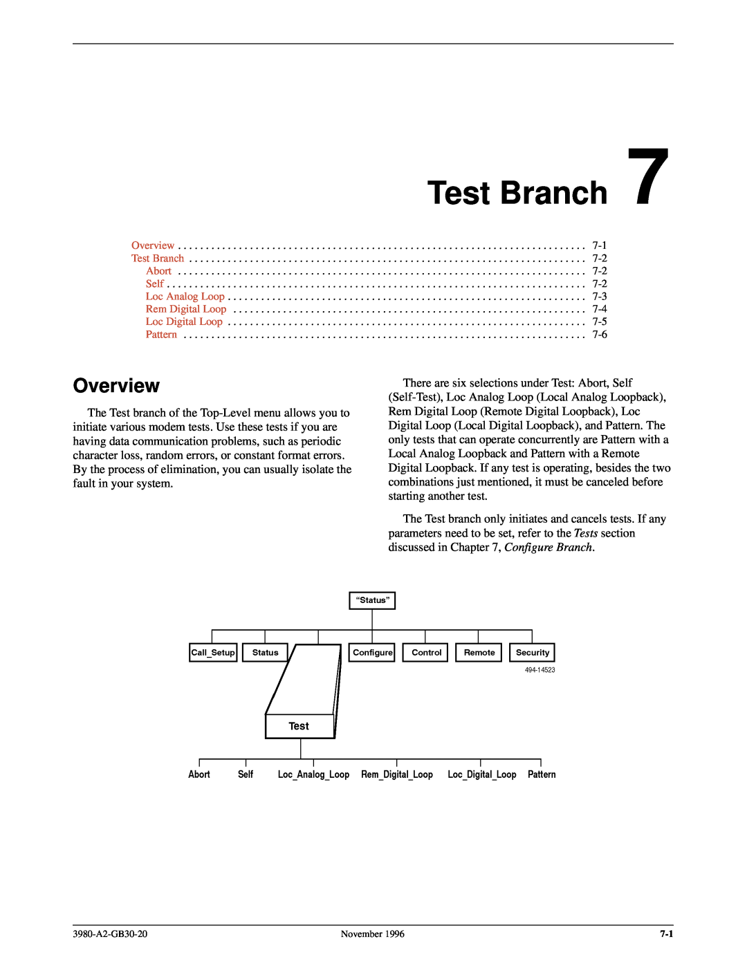 Paradyne 3800PLUS manual Overview Test Branch Abort Self Loc Analog Loop Rem Digital Loop, Loc Digital Loop Pattern 