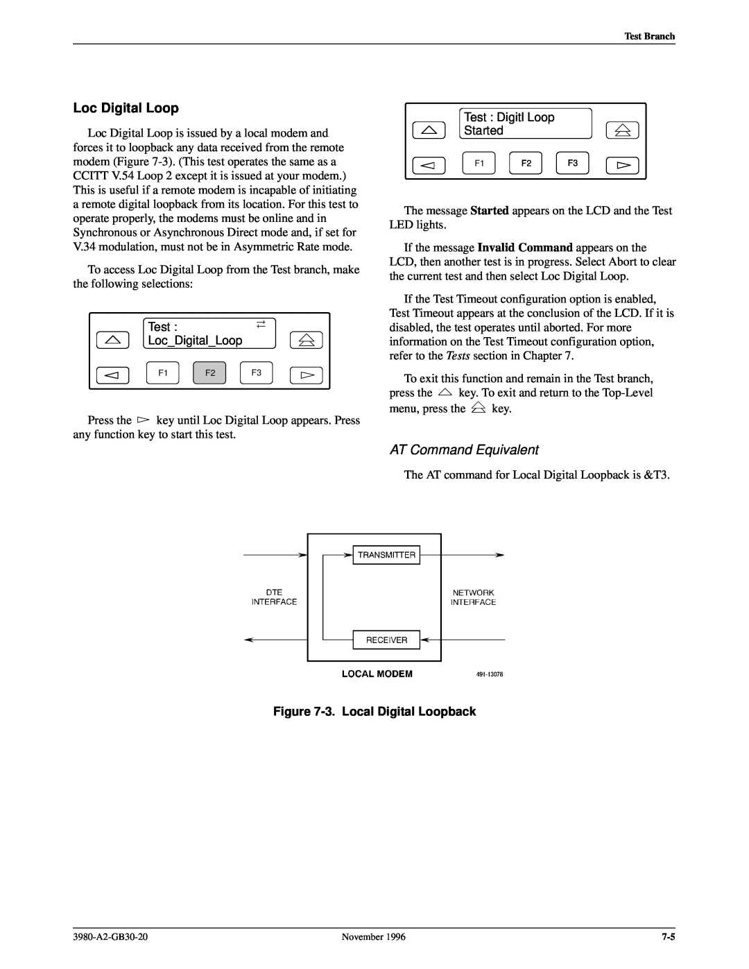 Paradyne 3800PLUS manual Loc Digital Loop, 3. Local Digital Loopback, AT Command Equivalent 