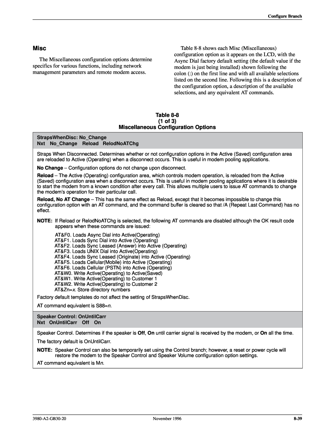 Paradyne 3800PLUS manual of Miscellaneous Configuration Options 