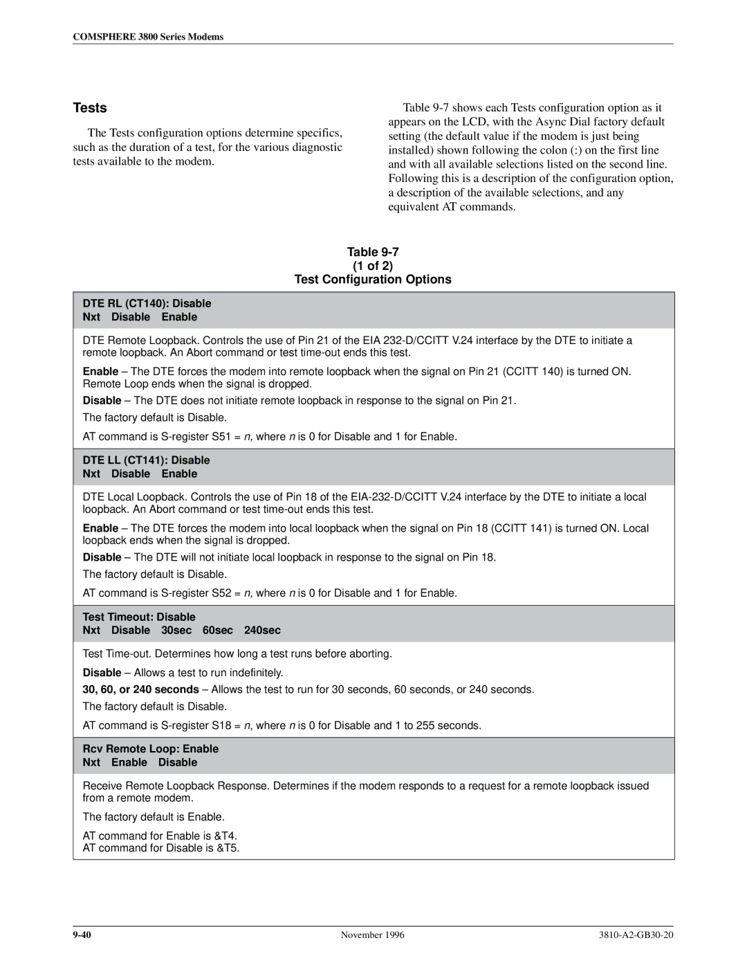 Paradyne 3810 manual Tests, Test Configuration Options 