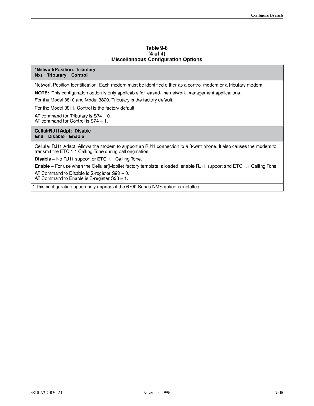 Paradyne 3810 manual NetworkPosition Tributary Nxt Tributary Control, CellulrRJ11Adpt Disable End Disable Enable 