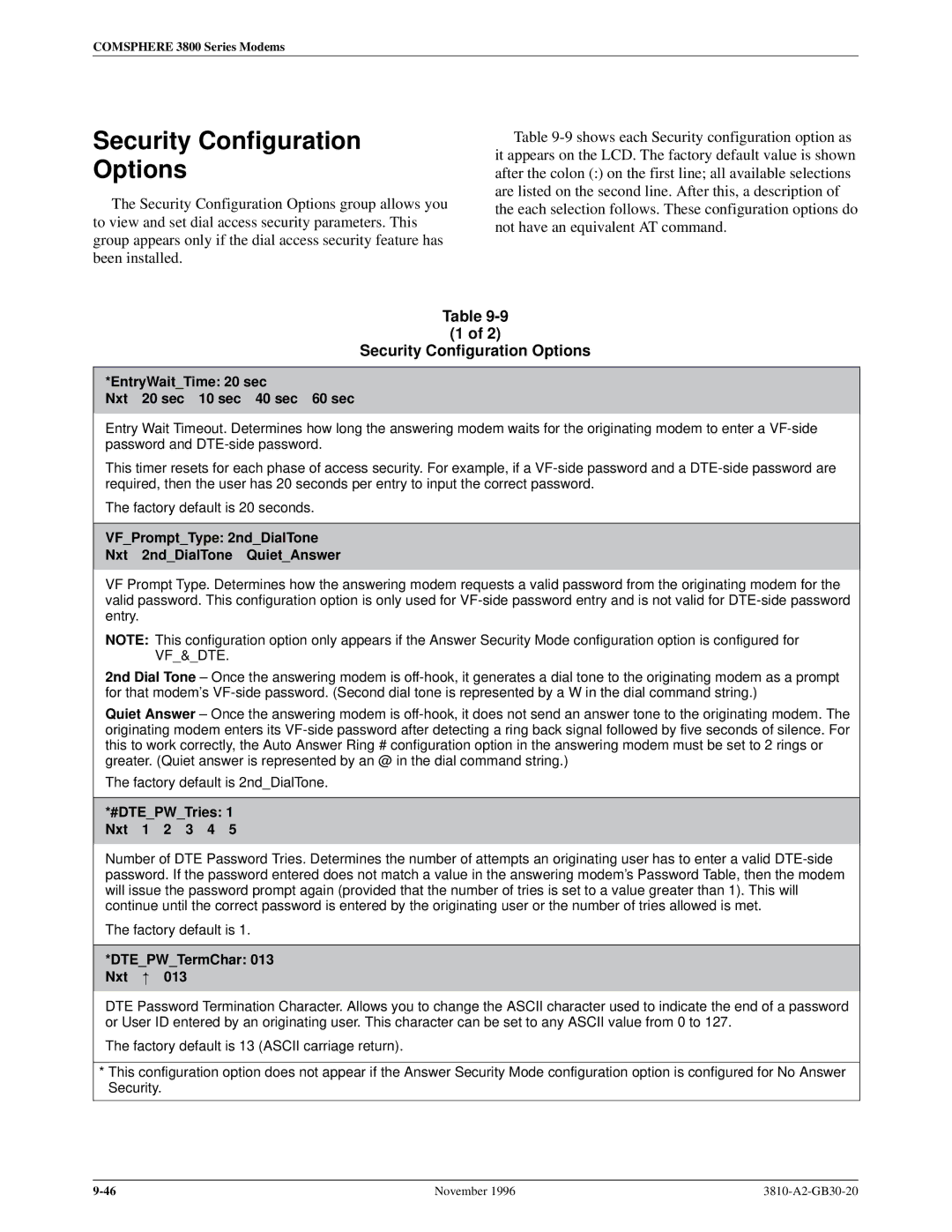 Paradyne 3810 manual Security Configuration Options 