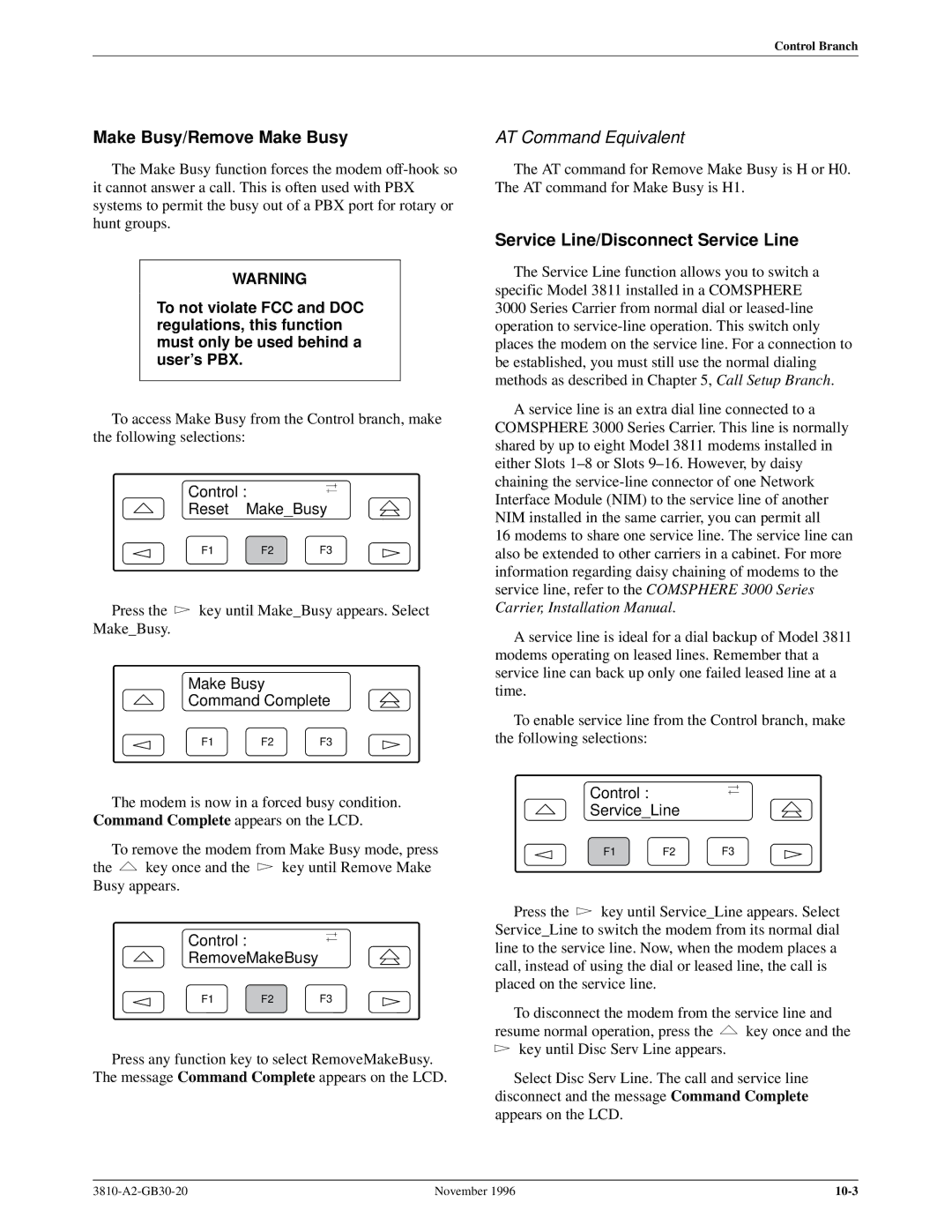 Paradyne 3810 manual Make Busy/Remove Make Busy, Service Line/Disconnect Service Line 