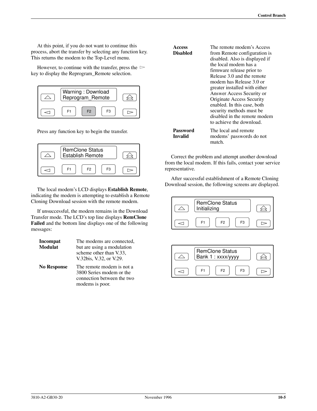 Paradyne 3810 manual ReprogramRemote, RemClone Status Establish Remote, RemClone Status Initializing 