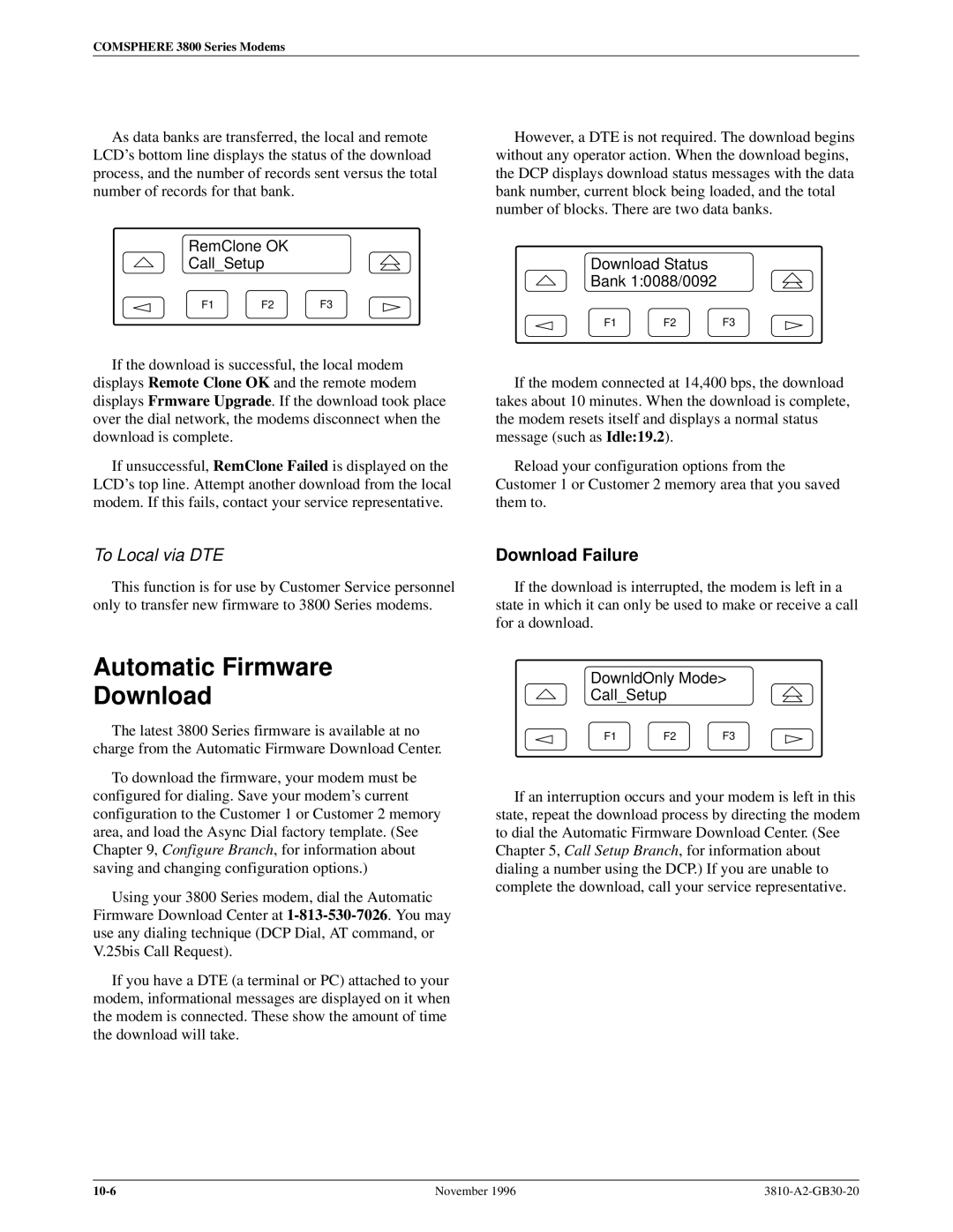 Paradyne 3810 manual Automatic Firmware Download, Download Failure, RemClone OK CallSetup, Download Status Bank 10088/0092 