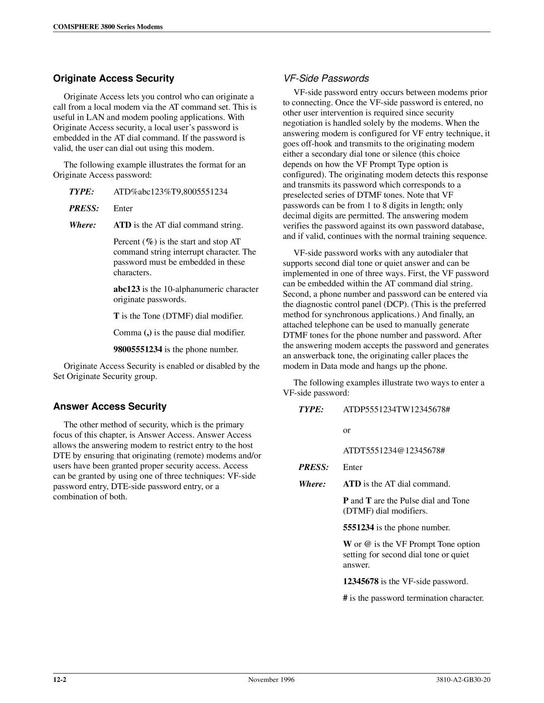 Paradyne 3810 manual Originate Access Security, Answer Access Security 