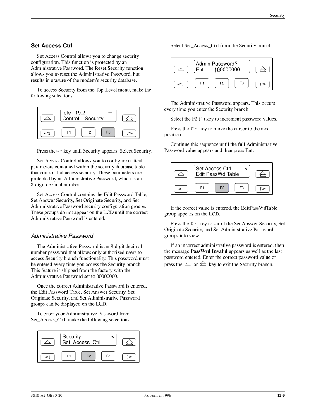 Paradyne 3810 manual Set Access Ctrl, Idle Control Security, Security SetAccessCtrl, Admin Password? Ent 