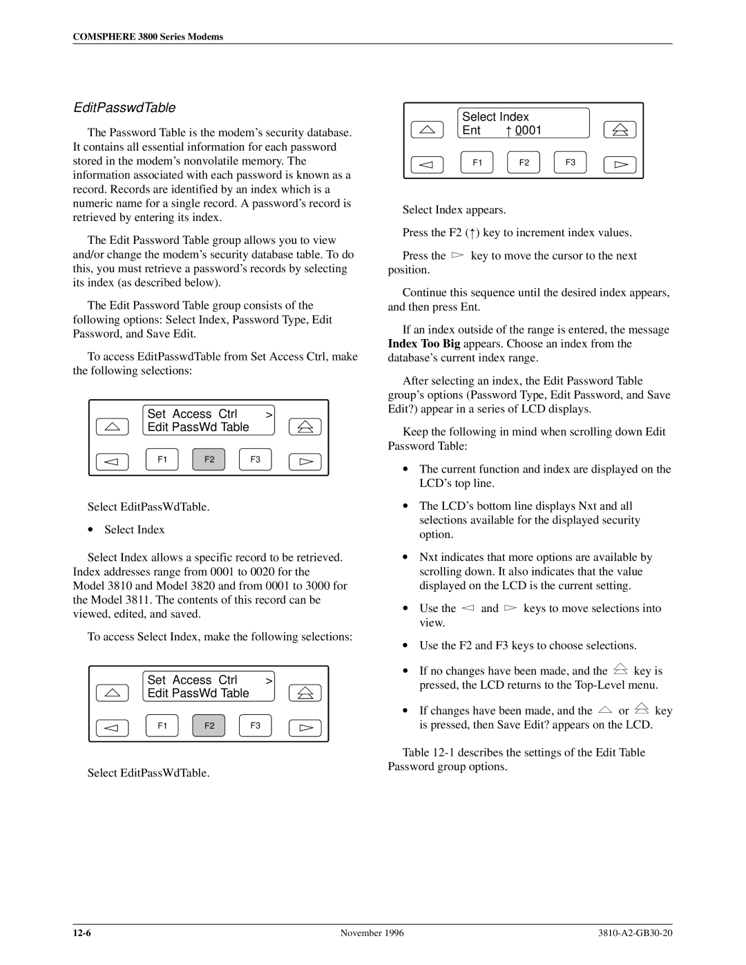 Paradyne 3810 manual EditPasswdTable, Select Index Ent 