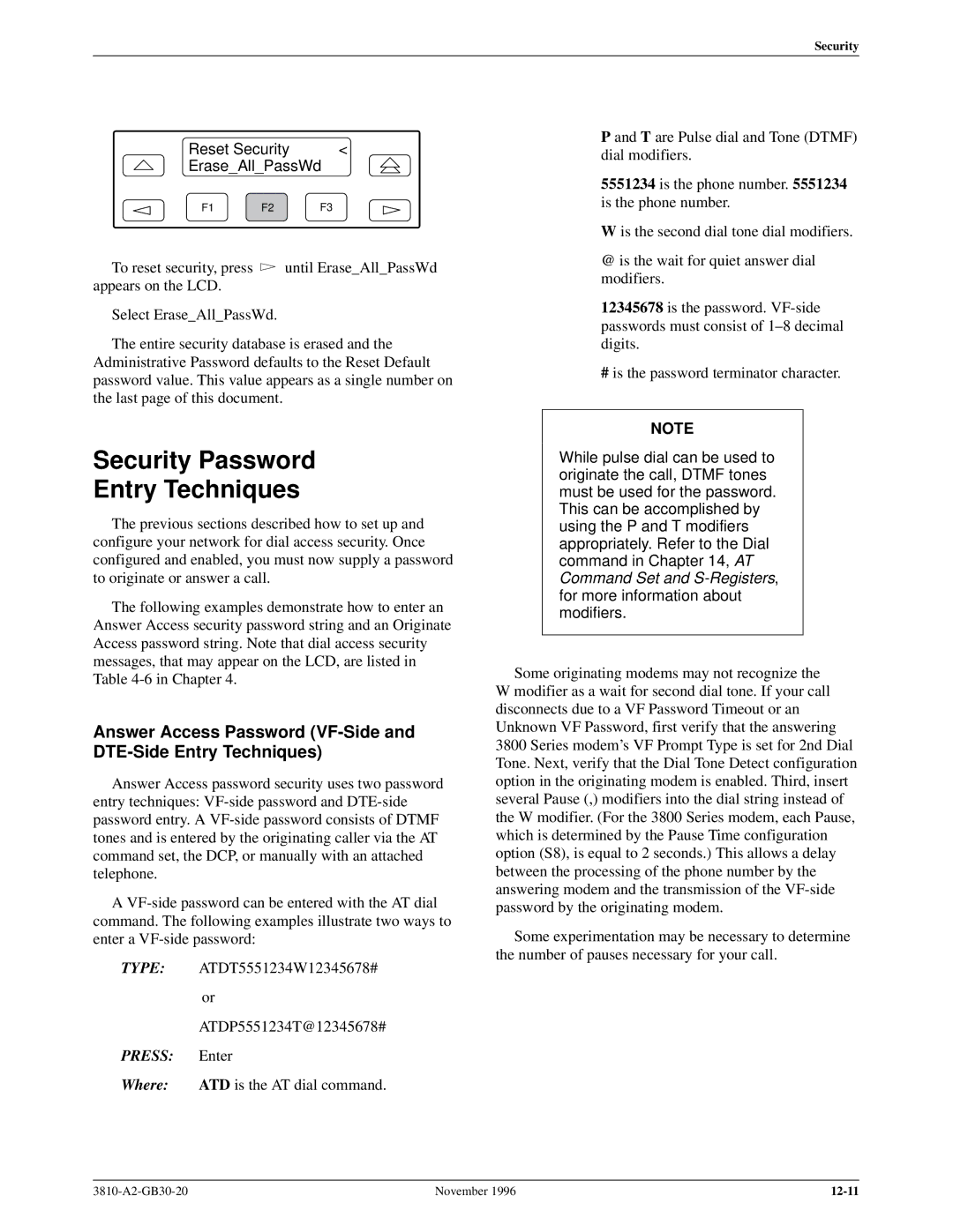 Paradyne 3810 manual Security Password Entry Techniques, Reset Security EraseAllPassWd 