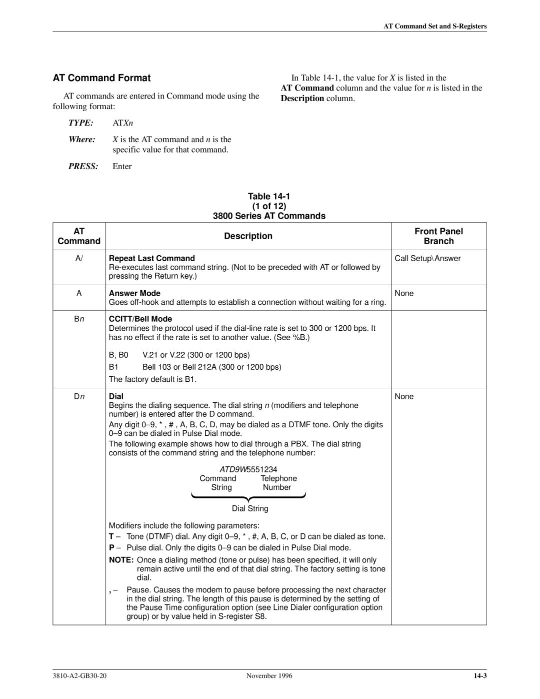 Paradyne 3810 manual AT Command Format, Series AT Commands Description, Command Branch 