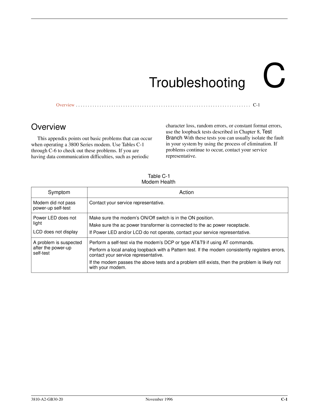 Paradyne 3810 manual Troubleshooting C, Table C-1, Modem Health, Symptom Action 