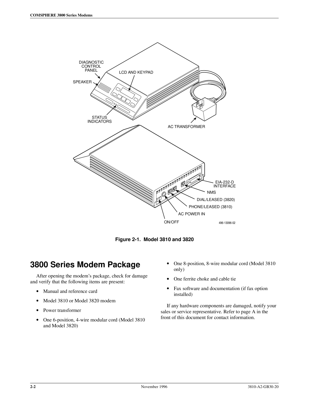 Paradyne manual Series Modem Package, Model 3810 