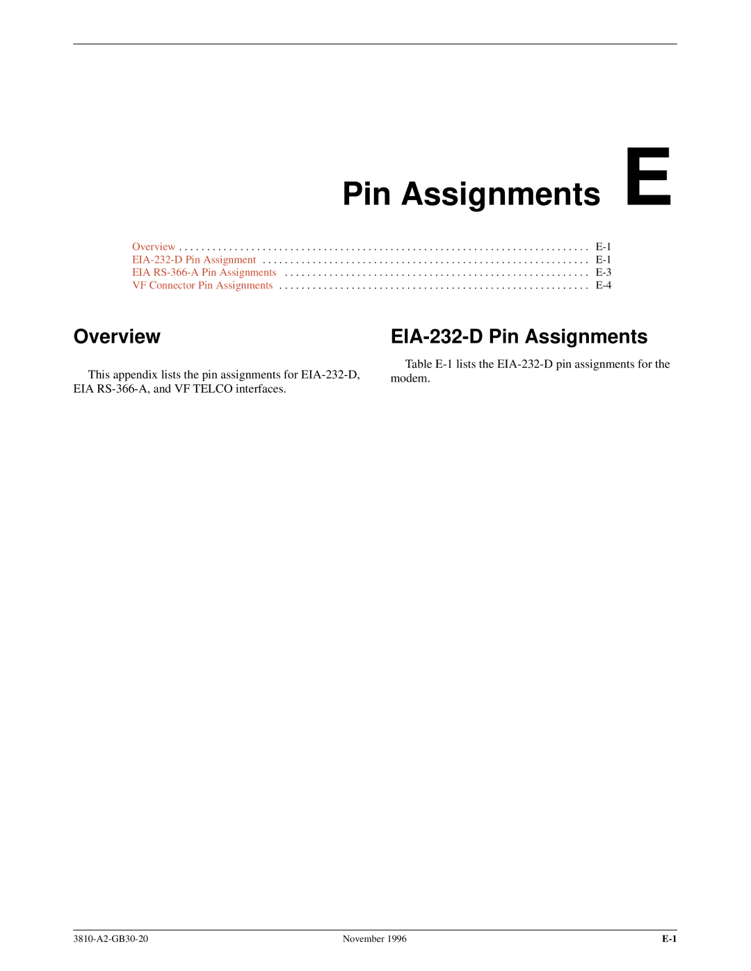 Paradyne 3810 manual Pin Assignments E, EIA-232-D Pin Assignments 