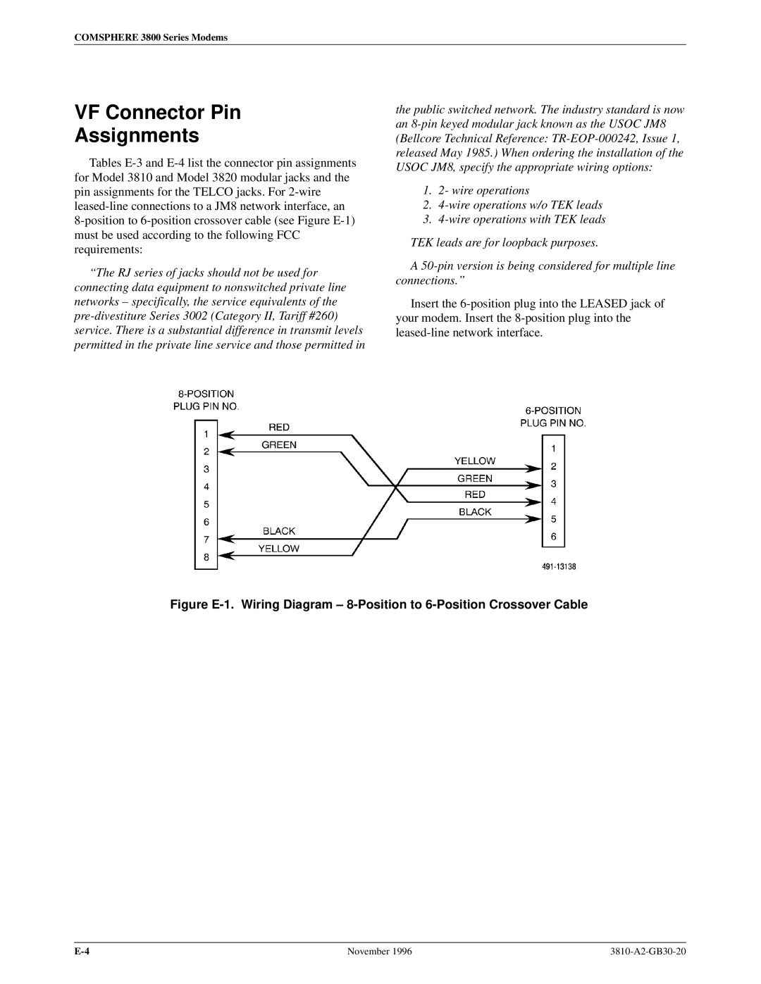 Paradyne 3810 manual VF Connector Pin Assignments 