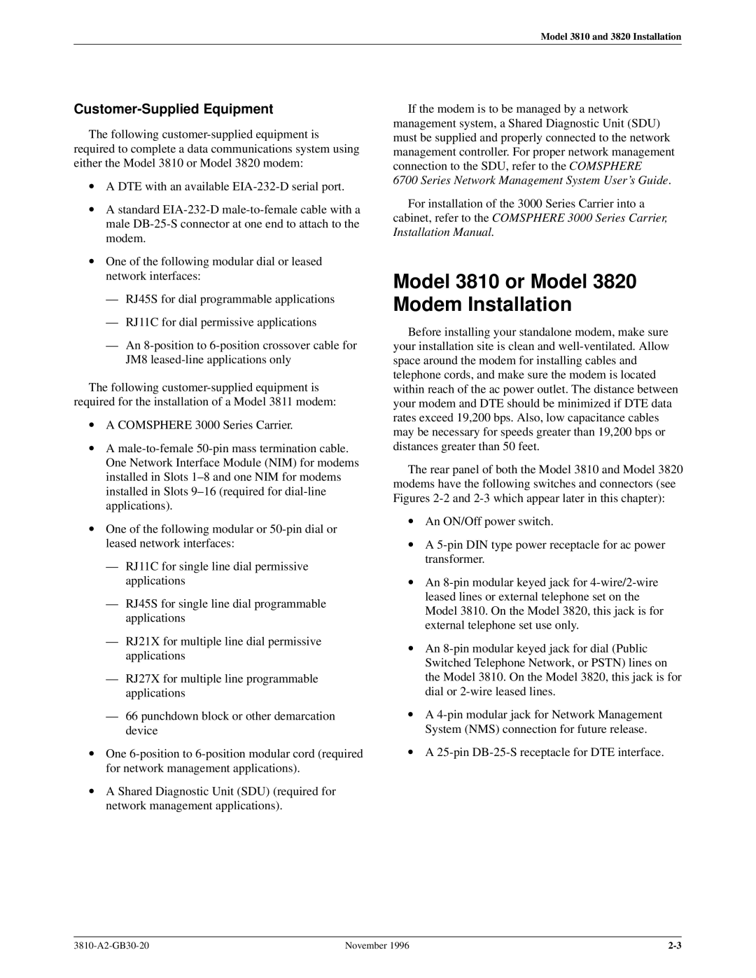 Paradyne manual Model 3810 or Model 3820 Modem Installation, Customer-Supplied Equipment 