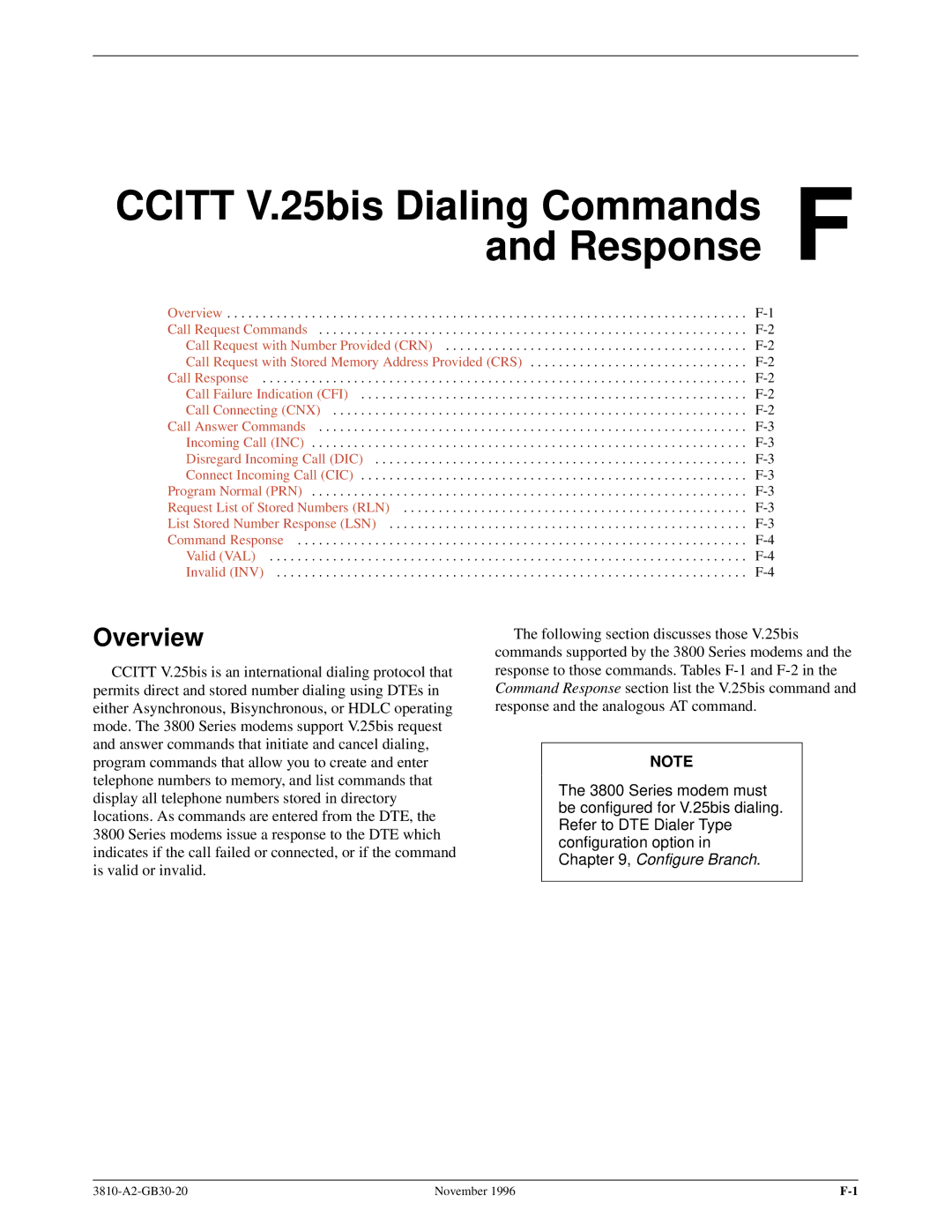 Paradyne 3810 manual Ccitt V.25bis Dialing Commands F and Response, Overview 