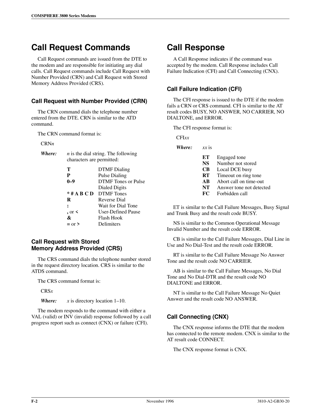 Paradyne 3810 manual Call Request Commands, Call Response 