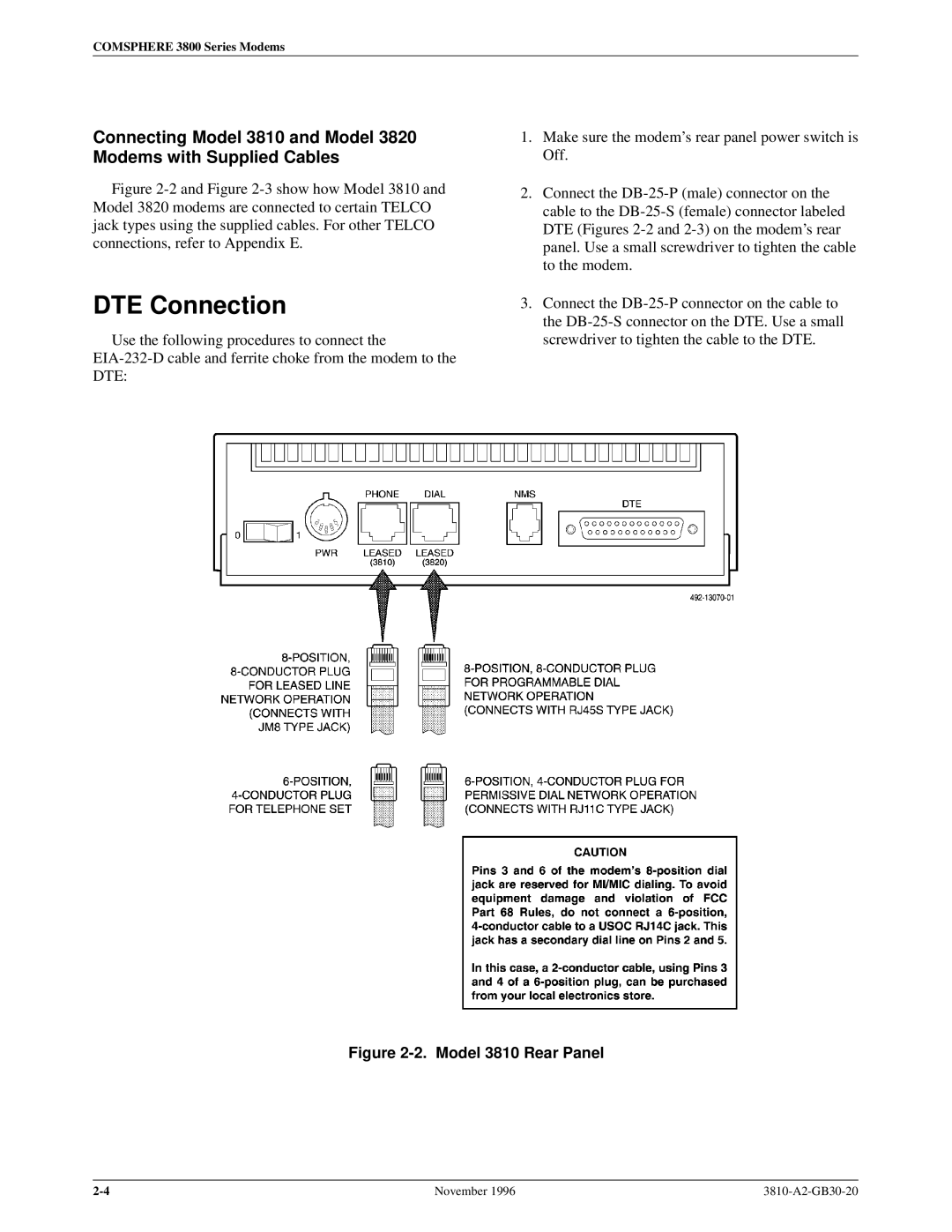 Paradyne manual DTE Connection, Model 3810 Rear Panel 