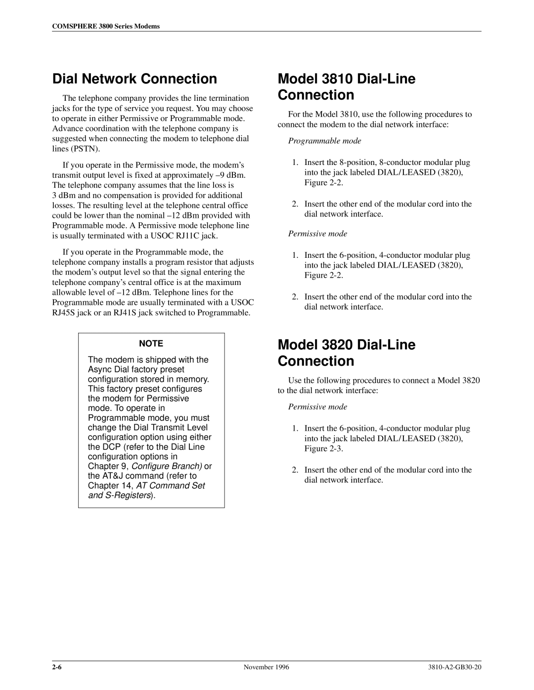 Paradyne manual Dial Network Connection, Model 3810 Dial-Line Connection, Model 3820 Dial-Line Connection 