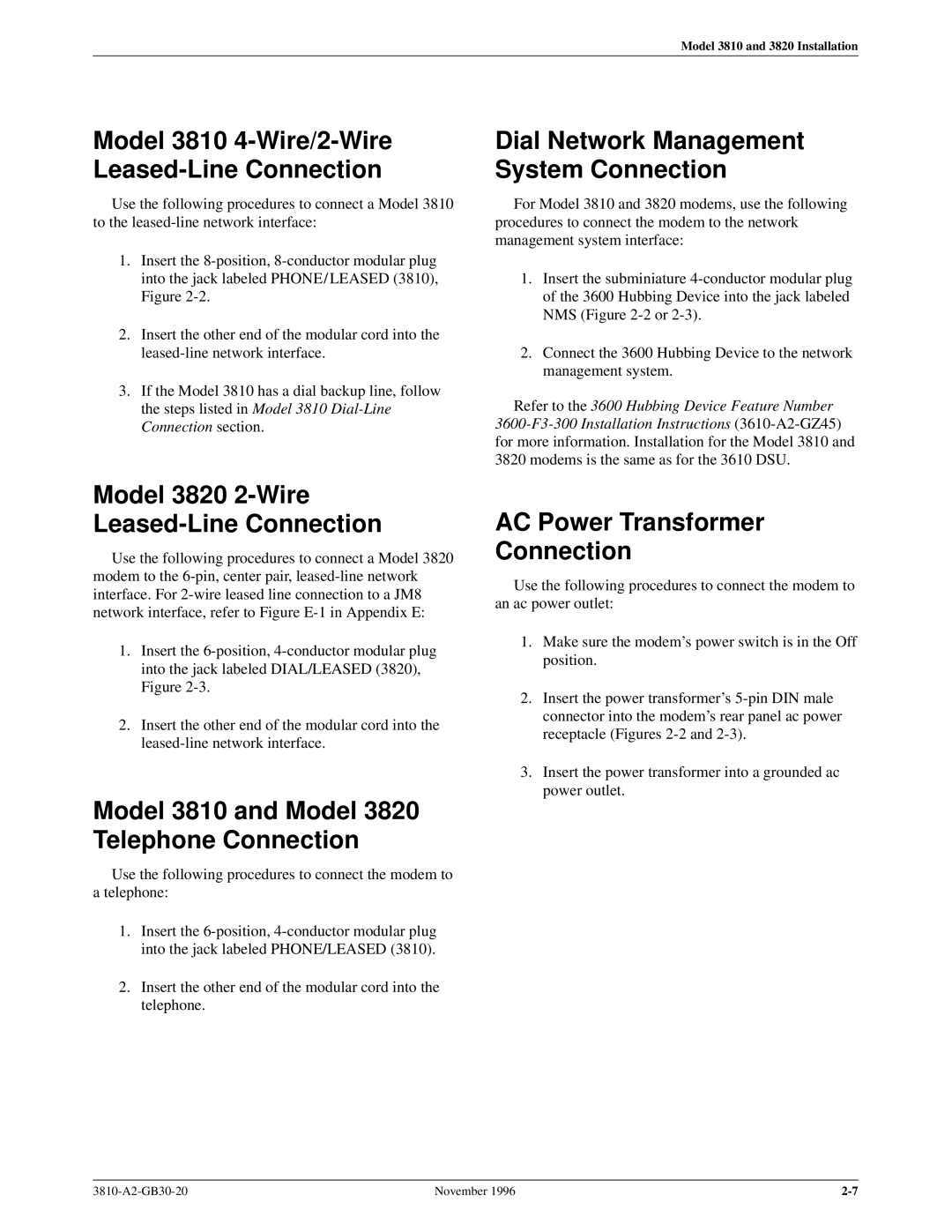 Paradyne manual Model 3810 4-Wire/2-Wire Leased-Line Connection, Model 3820 2-Wire Leased-Line Connection 