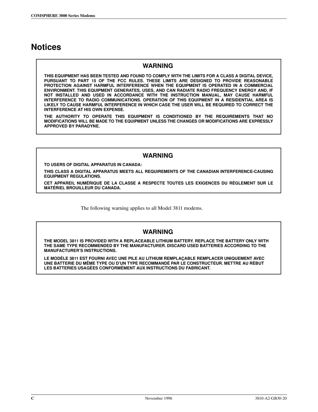 Paradyne 3810 manual Following warning applies to all Model 3811 modems 