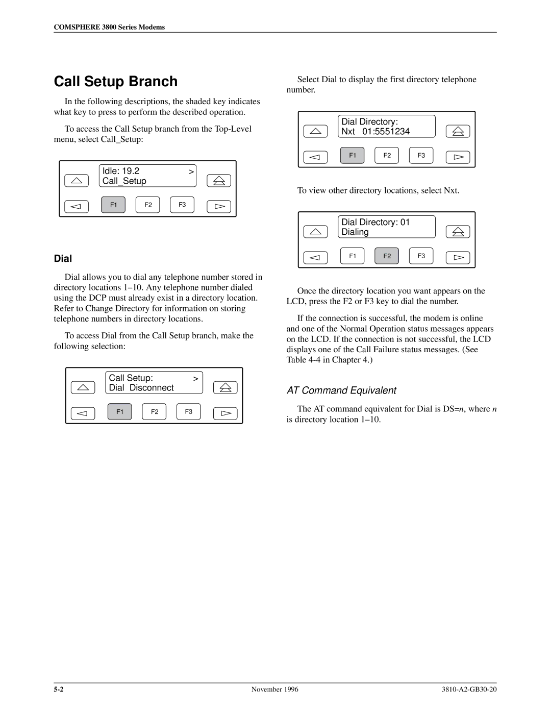 Paradyne 3810 manual Call Setup Branch, Dial 