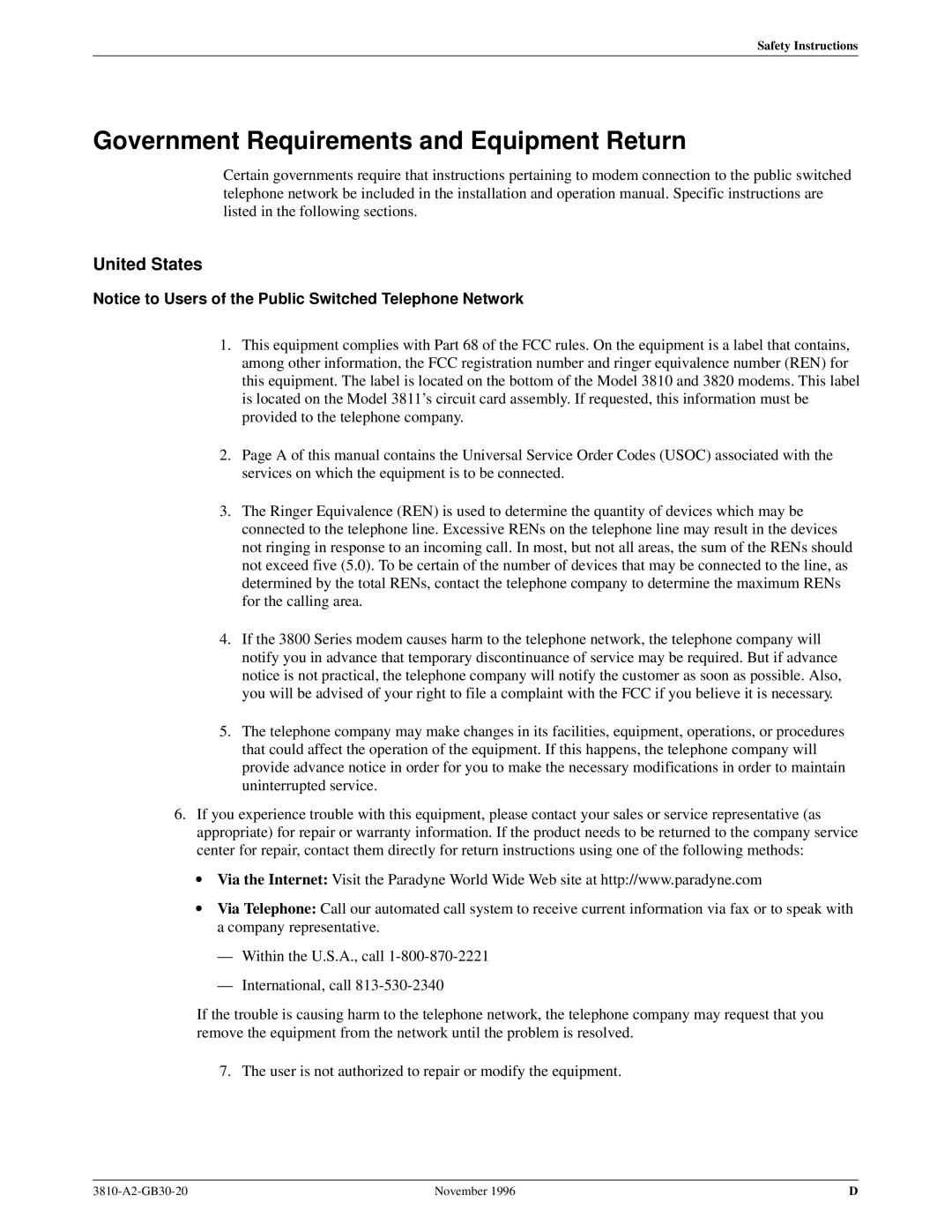 Paradyne 3810 manual Government Requirements and Equipment Return, United States 