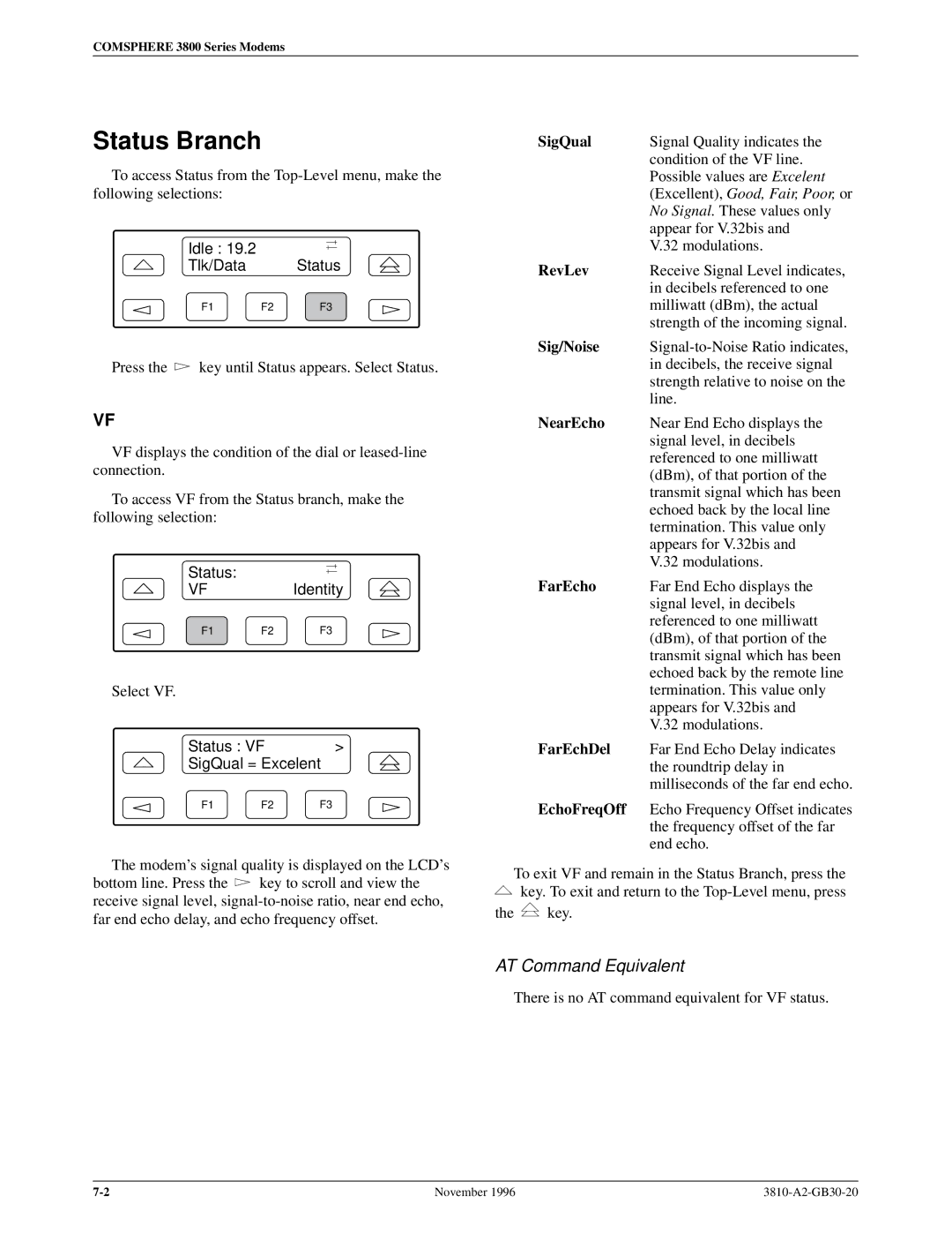 Paradyne 3810 manual Status Branch, Status Identity, Status VF SigQual = Excelent 