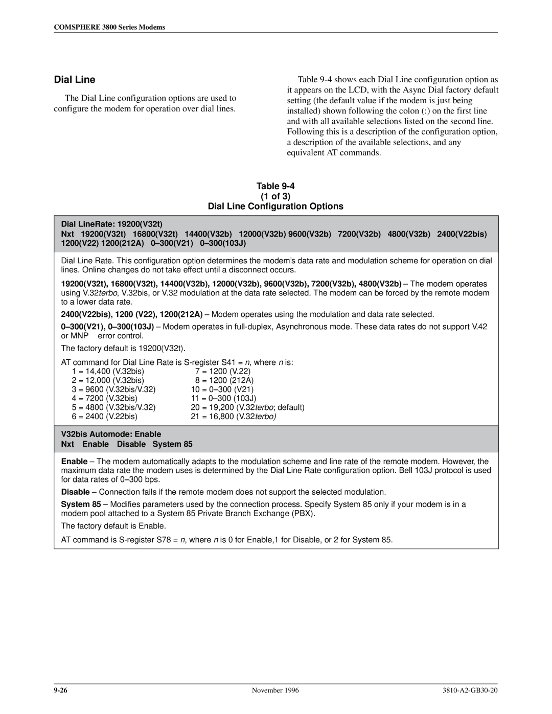 Paradyne 3810 manual Dial Line Configuration Options, V32bis Automode Enable Nxt Enable Disable System 