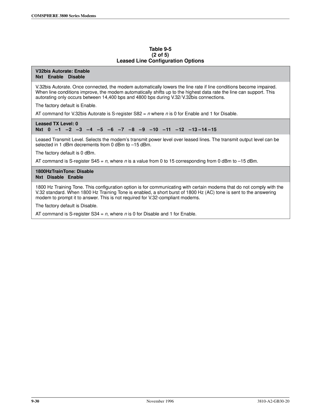 Paradyne 3810 manual V32bis Autorate Enable Nxt Enable Disable, 1800HzTrainTone Disable Nxt Disable Enable 