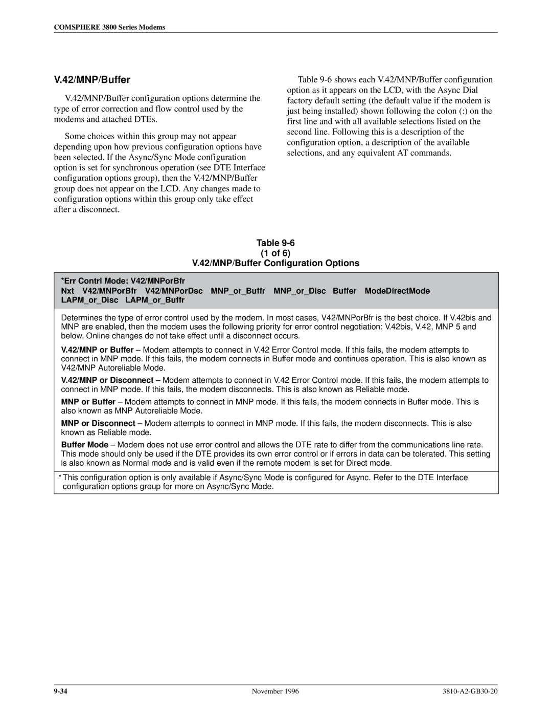 Paradyne 3810 manual 42/MNP/Buffer Configuration Options 