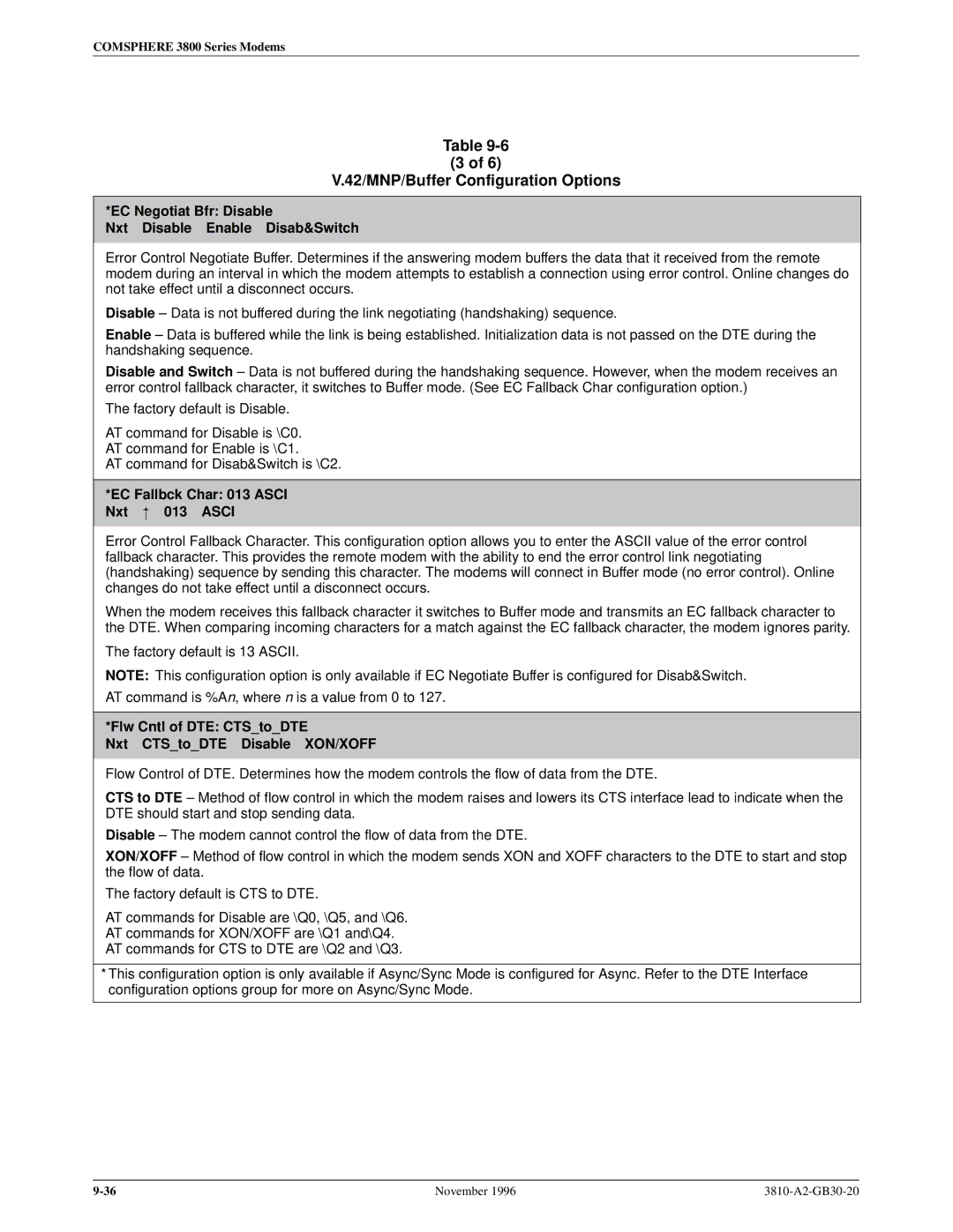 Paradyne 3810 manual EC Negotiat Bfr Disable Nxt Disable Enable Disab&Switch, EC Fallbck Char 013 Asci Nxt 013 Asci 