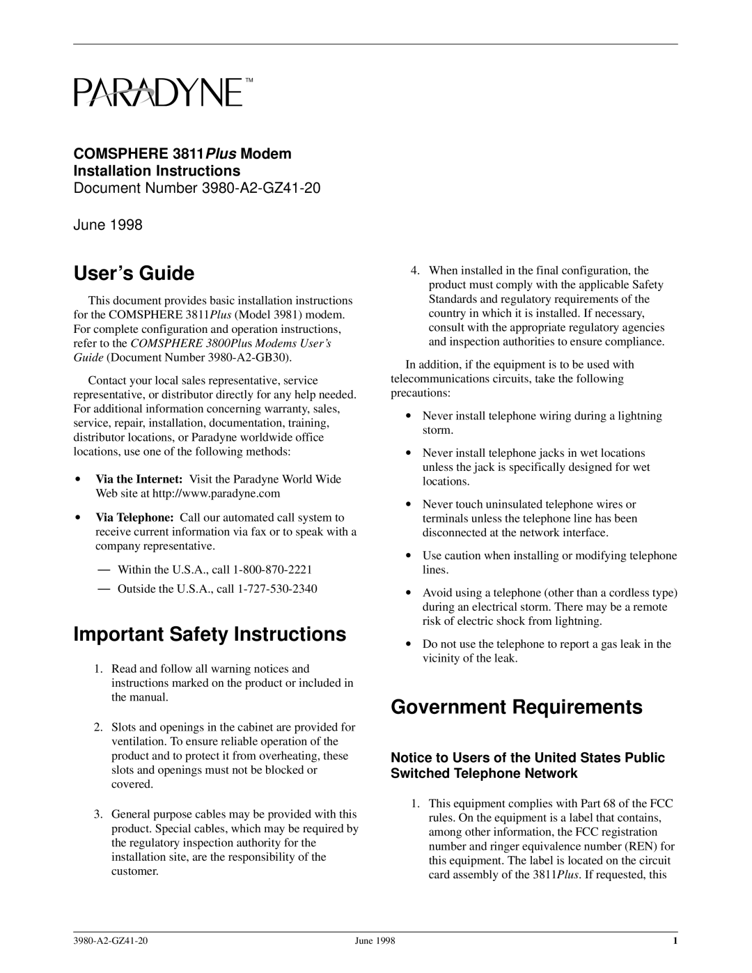 Paradyne 3811PLUS important safety instructions Users Guide, Important Safety Instructions, Government Requirements 