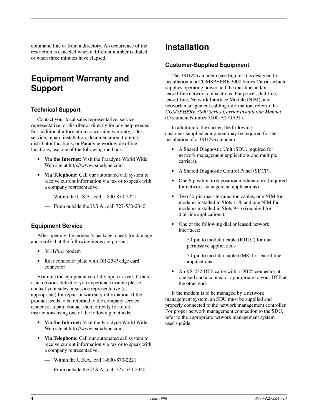 Paradyne 3811PLUS Equipment Warranty and Support, Installation, Technical Support, Equipment Service 