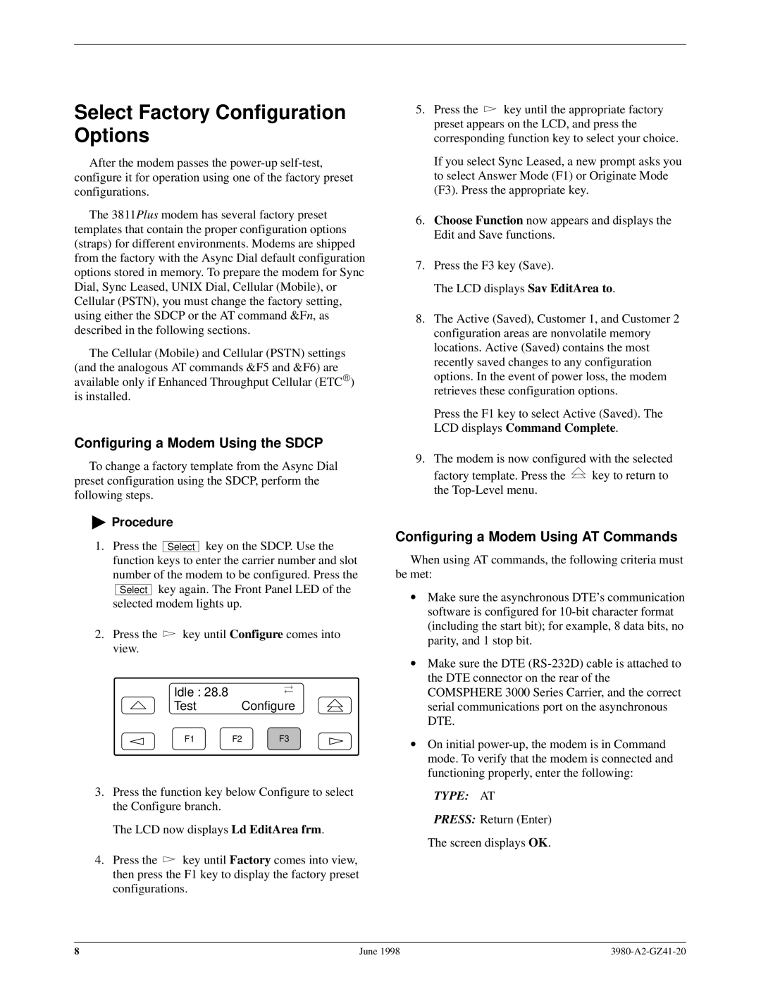 Paradyne 3811PLUS important safety instructions Select Factory Configuration Options, Configuring a Modem Using the Sdcp 