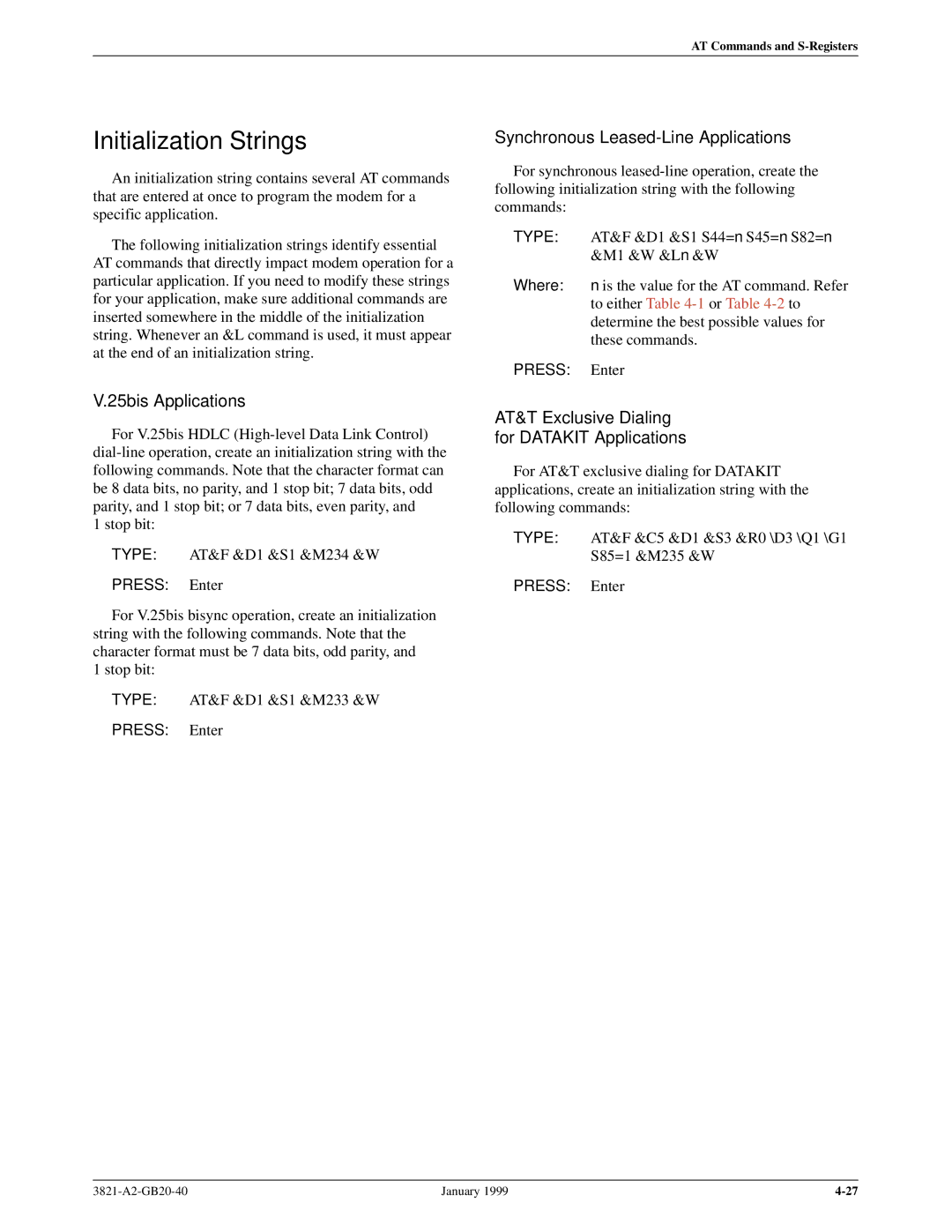 Paradyne 3821PLUS manual Initialization Strings, 25bis Applications, Synchronous Leased-Line Applications 