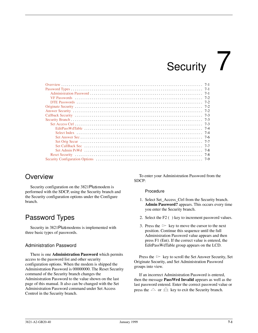 Paradyne 3821PLUS manual Security, Password Types, Administration Password 