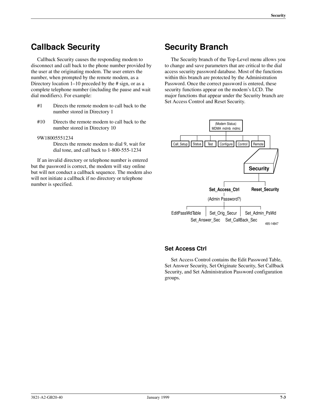 Paradyne 3821PLUS manual Callback Security, Set Access Ctrl, SetAccessCtrl ResetSecurity 