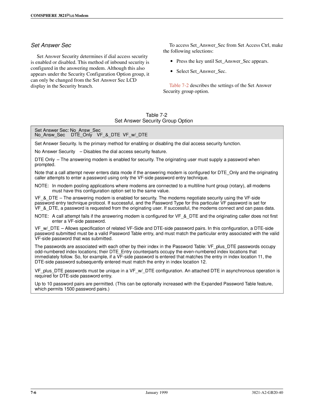 Paradyne 3821PLUS manual Set Answer Security Group Option, Set Answer Sec NoAnswSec NoAnswSec DTEOnly VF&DTE VFw/DTE 