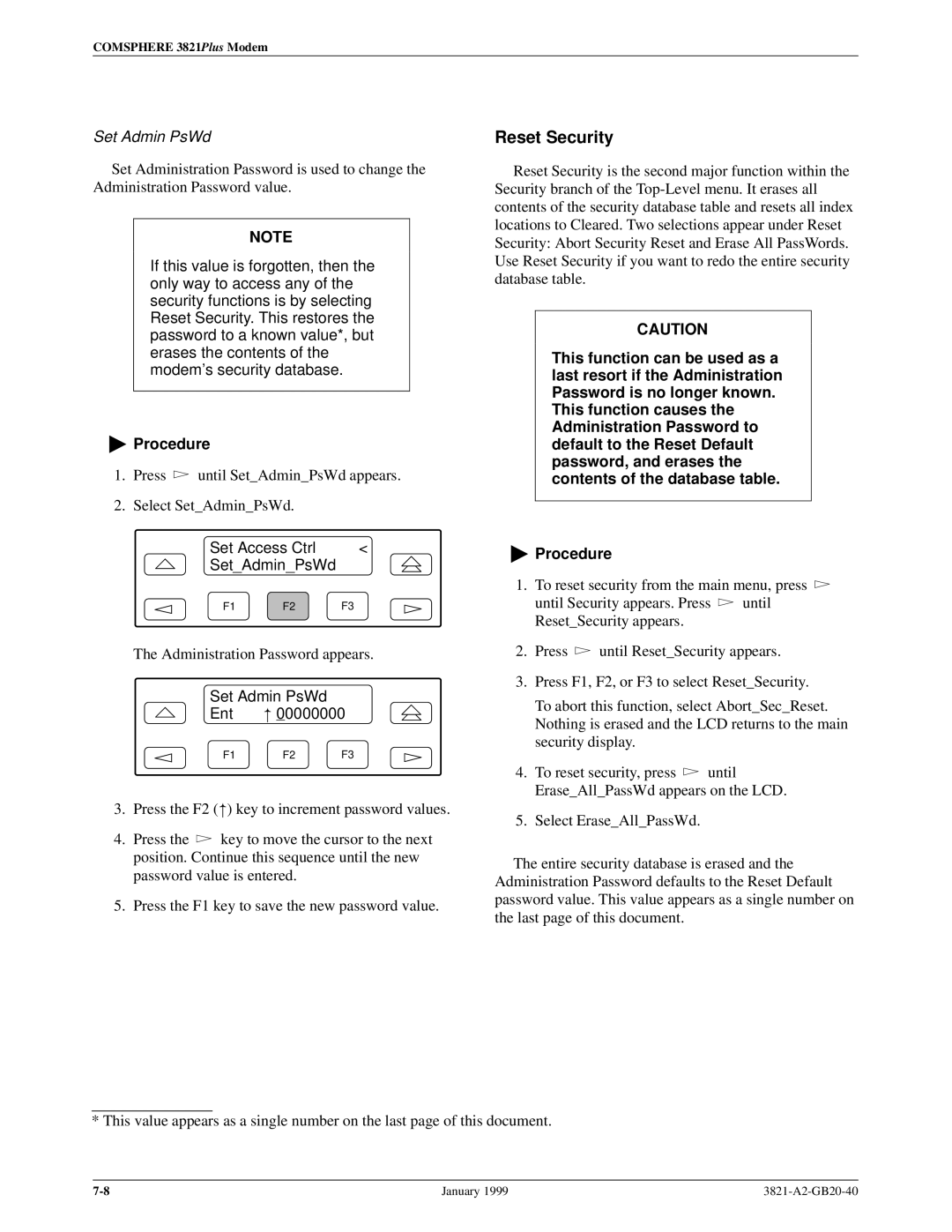 Paradyne 3821PLUS manual Reset Security, Set Admin PsWd 