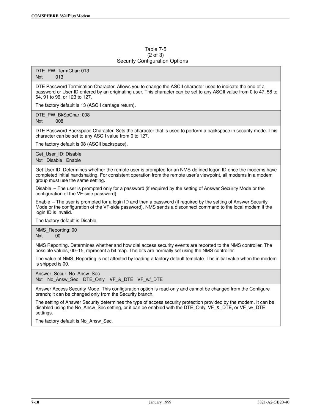 Paradyne 3821PLUS manual DTEPWTermChar Nxt, DTEPWBkSpChar Nxt, GetUserID Disable Nxt Disable Enable, NMSReporting Nxt 