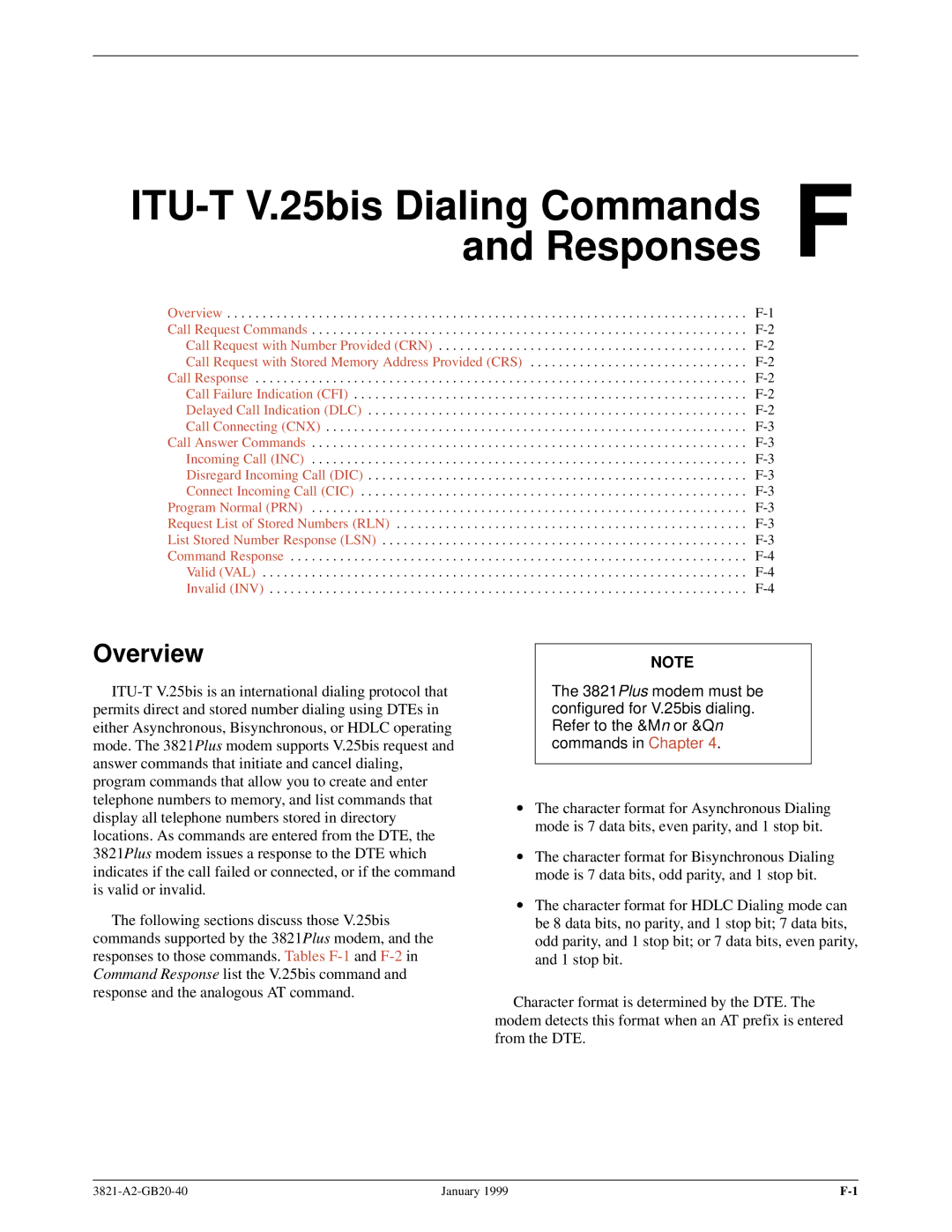 Paradyne 3821PLUS manual ITU-T V.25bis Dialing Commands F and Responses, Overview 