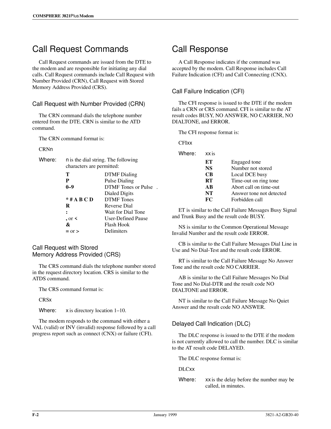 Paradyne 3821PLUS manual Call Request Commands, Call Response 