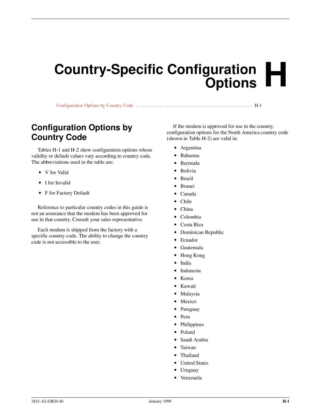 Paradyne 3821PLUS manual Country-Specific ConfigurationOptions H, Configuration Options by Country Code 