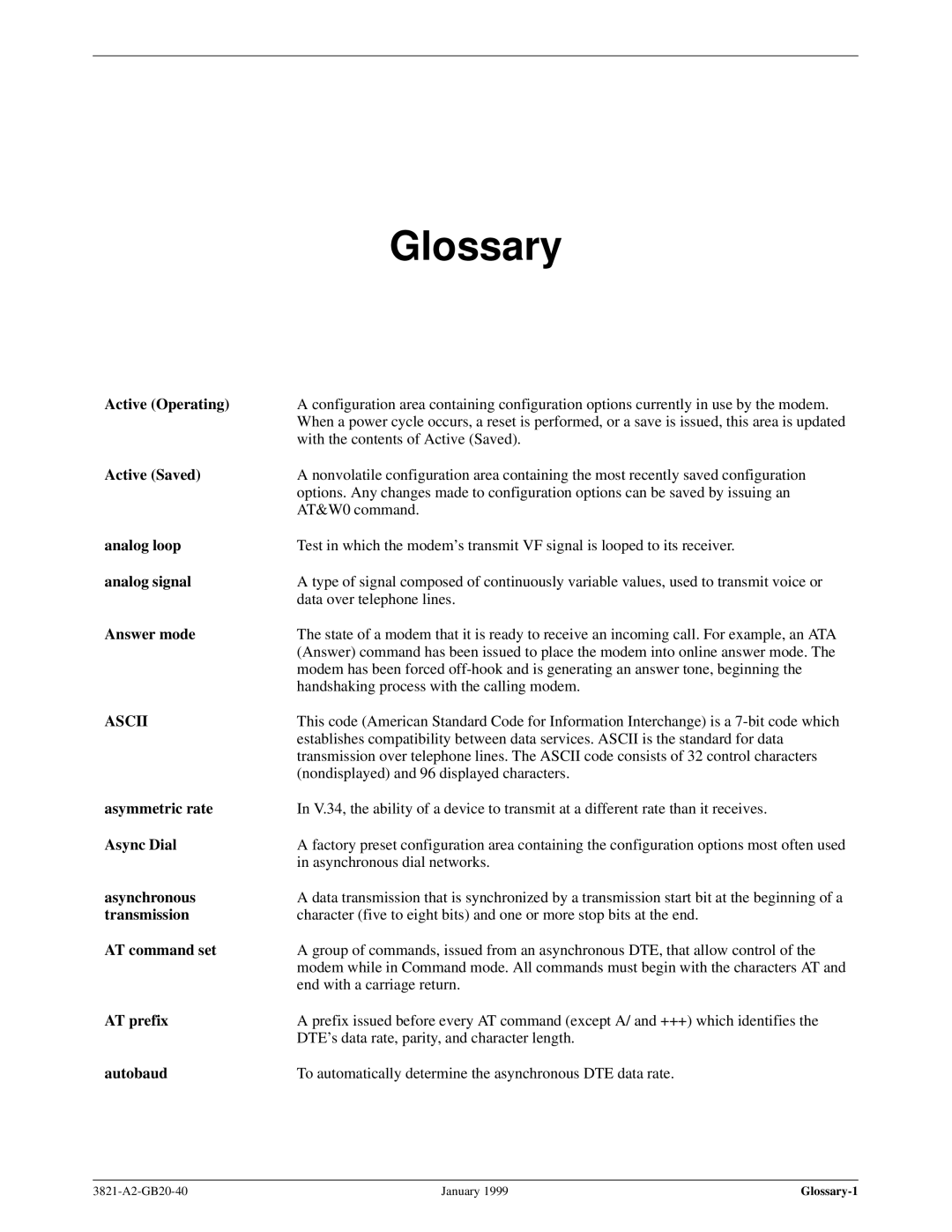 Paradyne 3821PLUS manual Glossary, Active Operating 