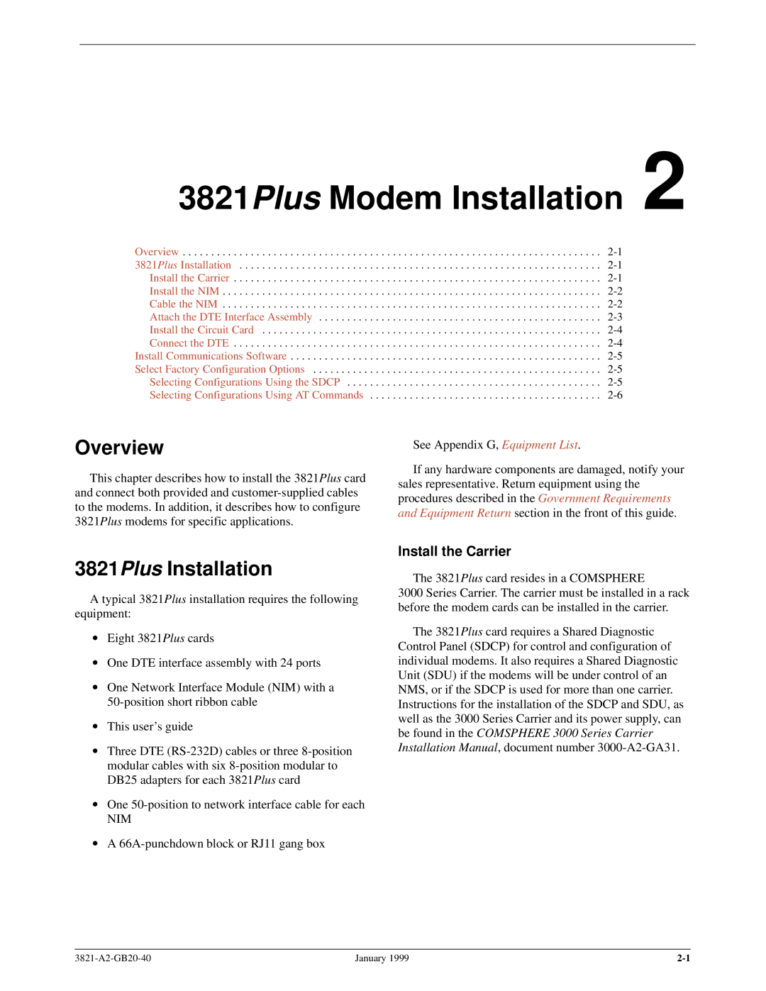 Paradyne 3821PLUS manual 3821Plus Modem Installation, 3821Plus Installation, Install the Carrier 