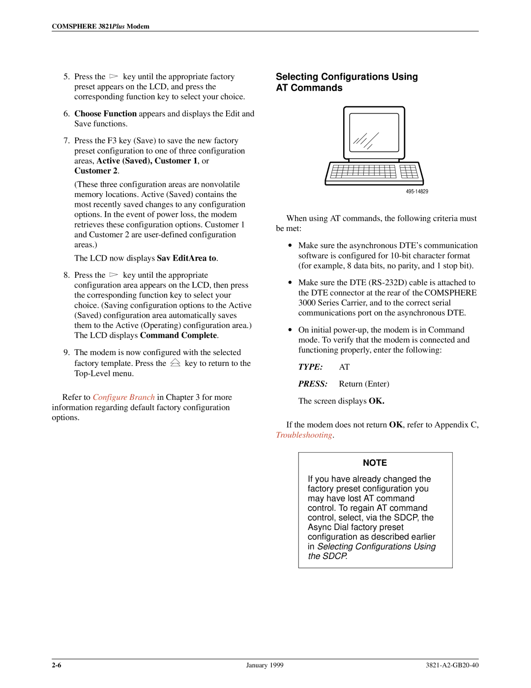 Paradyne 3821PLUS manual Selecting Configurations Using AT Commands, Type AT 